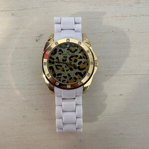 Anne Klein Gold-Tone Watch with White Band and Leopard Dial